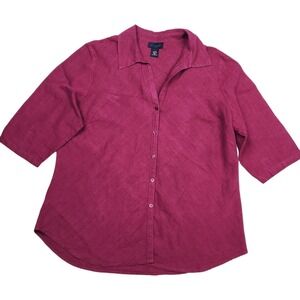 Venezia Linen Shirt Sz 14/16 Button Up Magenta Pink Collared 3/4 Sleeve Boho